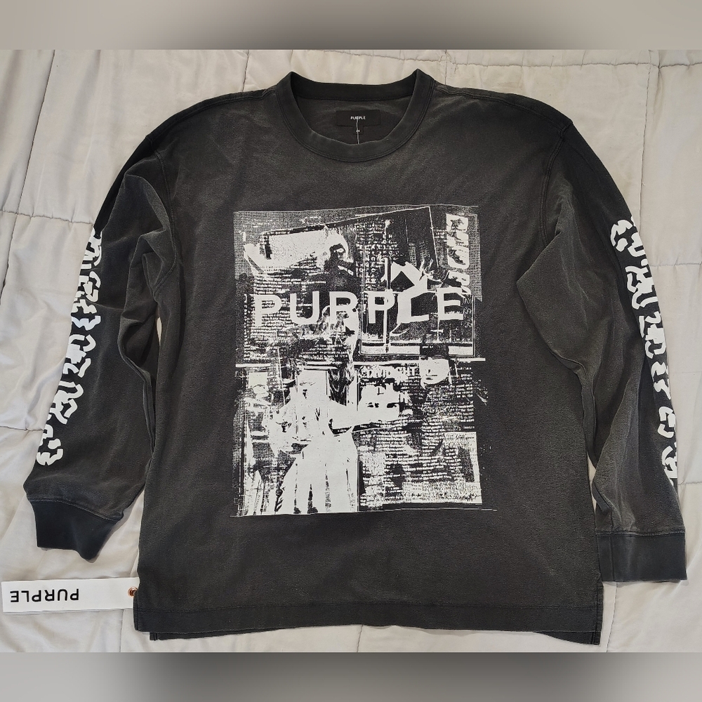Purple Brand Long Sleeve Graphic Tee Black Distressed Print Size Large NWT